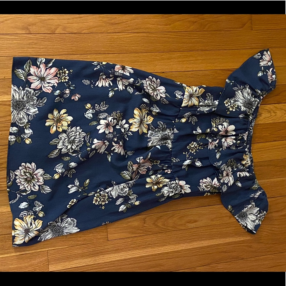 Blue, floral, off the shoulder dress